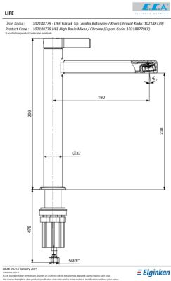 Eca Life Mat Antrasit Kollu Yüksek Tip Lavabo Batarya 102188779C5 - 2