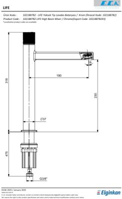 Eca Life Mat Antrast Kolsuz Yüksek Tip Lavabo Batarya 102188782C5 - 2
