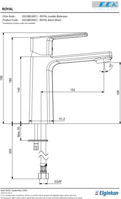 Eca Royal Ecotechnology Mat Siyah Kireç K. Sabit Lavabo Bataryası - 2