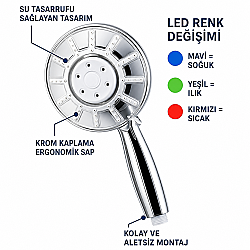 LED Işıklı Sıcaklık Göstergeli Su Tasarruflu Krom El Duş Başlığı - 2
