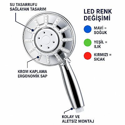 LED Işıklı Sıcaklık Göstergeli Su Tasarruflu Krom El Duş Başlığı - 2